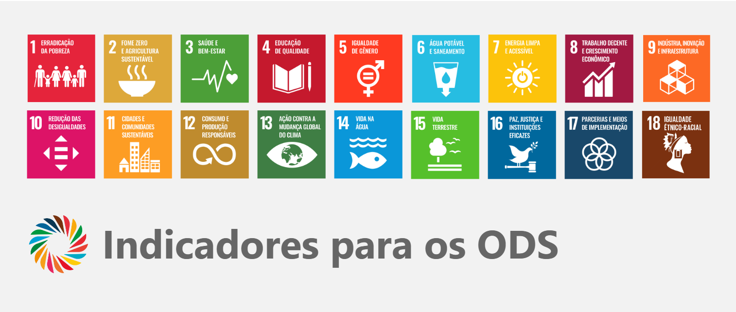 Indicadores para os ODS, com os 17 Objetivos de Desenvolvimento Sustentável e igualdade étnico-racial
